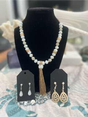 Brand New! Vintage Gold-Tone Tassel White Bead Statement Necklace and Earrings